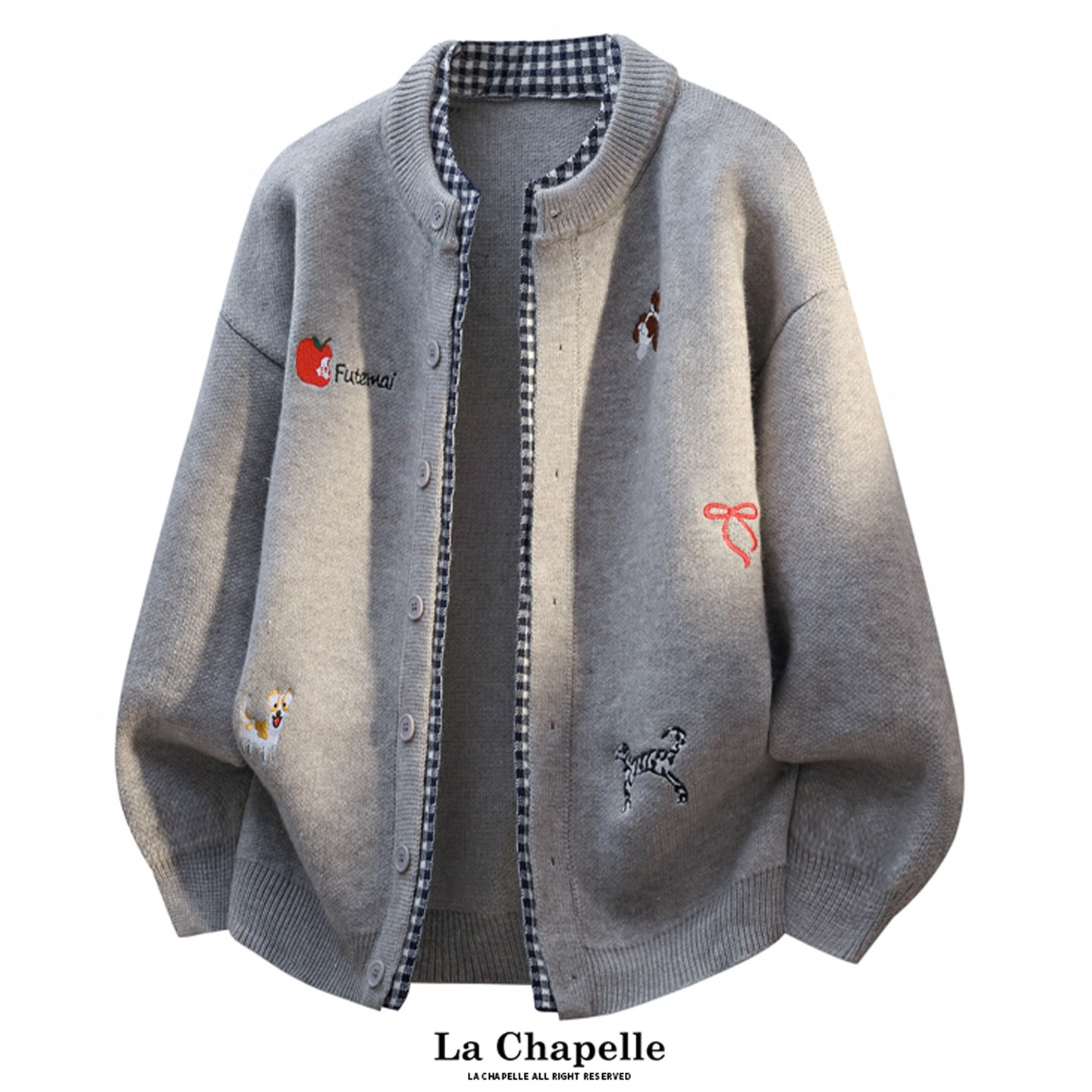 拉夏贝尔格子拼接假两件毛衣开衫冬季男刺绣慵懒风针织外套情侣装,淘宝优惠券,粉丝福利购,淘宝优惠卷