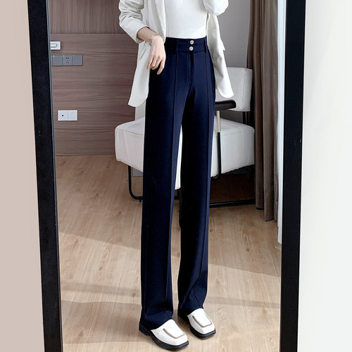 藏蓝色西装裤女秋季长裤垂坠抗皱休闲女裤职业西裤高腰窄版直筒裤 - 图1