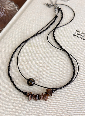新中式黑色虎眼石串珠项链甜酷辣妹个性复古木纹不规则珠子锁骨