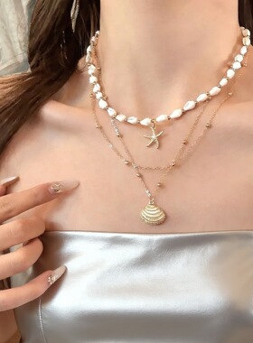 波西米亚复古金色多层贝壳串珠项链女款海边沙滩度假风锁骨链配饰