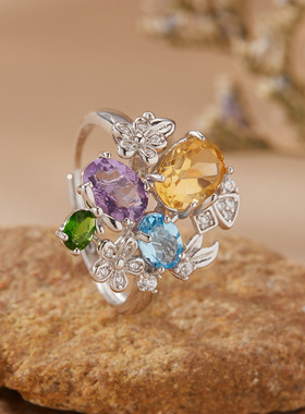 天然托帕石透辉石黄水晶紫水晶戒指女s925纯银多色彩宝直播爆款