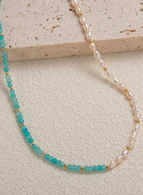 S925纯银天然天河石和淡水珍珠彩宝项链女小众复古串珠拼接新款