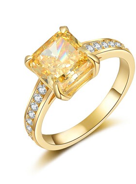 冰花切925纯银高碳钻女戒指镶嵌黄钻方形满钻指环时尚金色戒指