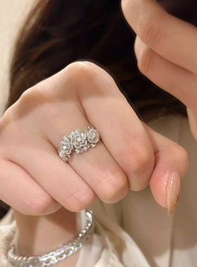 S925银中古世纪法式轻奢风拉丝玫瑰镶嵌锆石立体高级戒指女
