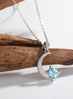 月亮小众设计s925纯银镶天然托帕石宝石项链女彩宝时尚饰品批发