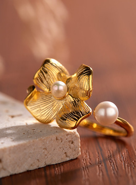 个性简约优雅S925银18K金天然淡水珍珠戒指花朵设计轻奢百搭新款