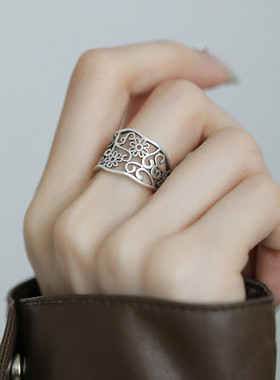 925银复古新中式镂空缠枝莲花戒指环宽面开口调节小众高级感个性