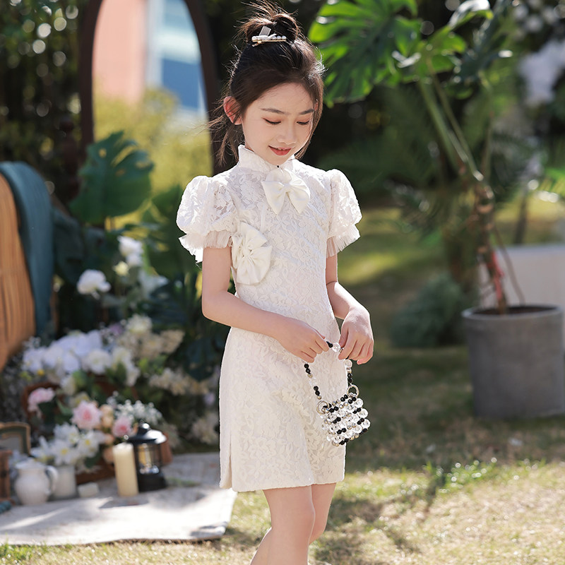 女童旗袍白色国潮儿童中国风礼服走秀宝宝连衣裙小女孩唐装夏季女