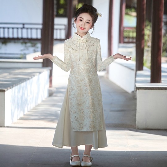 女童旗袍裙2025新款长袖大童新中式儿童国风唐装小女孩连衣裙春秋