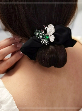 妈妈优雅盘发黑色大肠发圈复古祖母绿满钻蝴蝶头绳女扎马尾橡皮筋