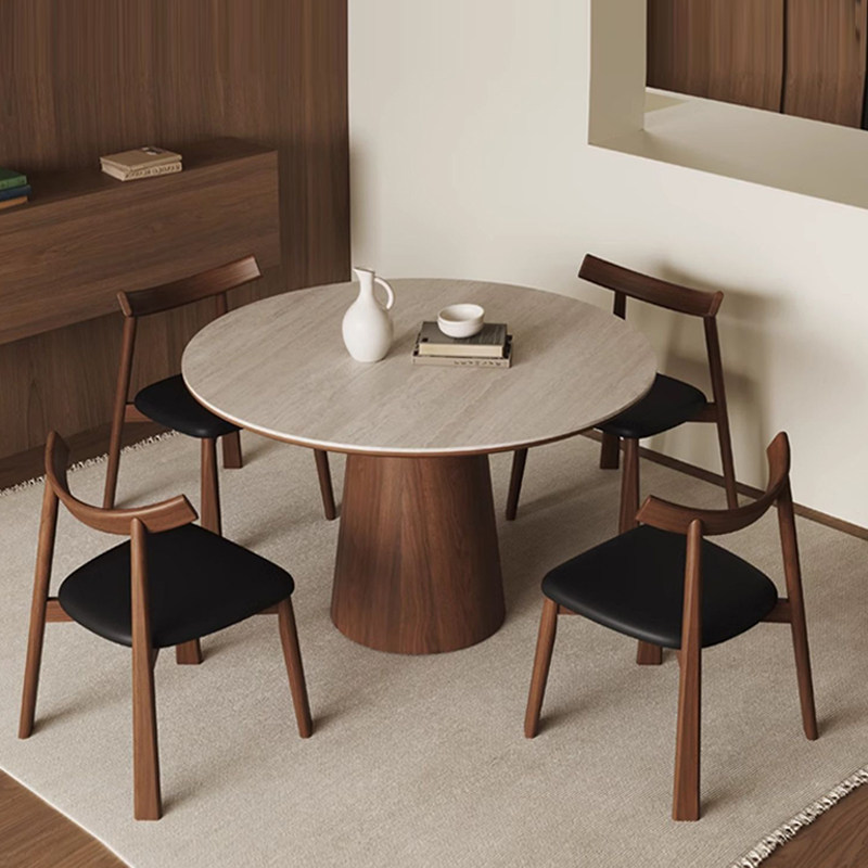 洞石岩板圆形餐桌可带转盘家用小户型实木饭桌黑胡桃木色圆餐桌,淘宝优惠券,粉丝福利购,淘宝优惠卷