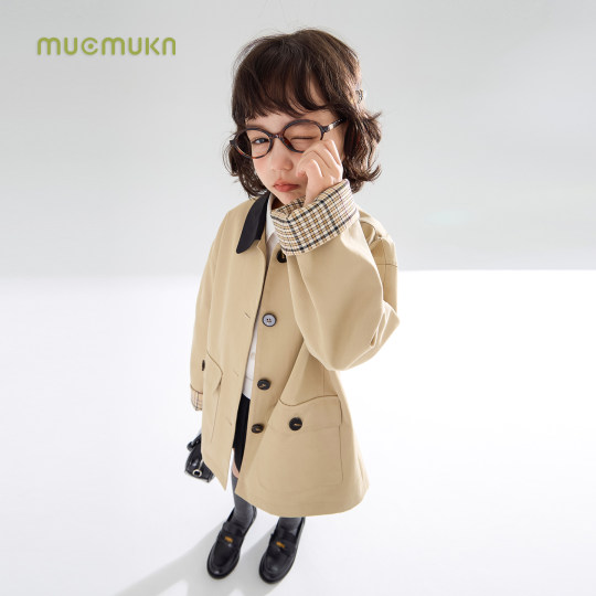 MUCMUKN童装 秋冬新款复古撞色学院风衣夹克英伦拼接格纹外套女童