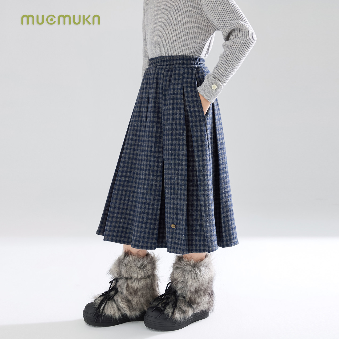 MUCMUKN【北欧来信】学院风毛呢格纹百褶腰裙藏青灰百搭女童冬新,淘宝优惠券,粉丝福利购,淘宝优惠卷