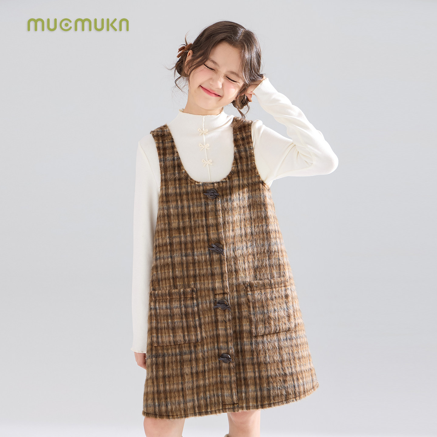 MUCMUKN【栗子松饼】复古格纹含羊毛呢背心连衣裙子女童25冬新款,淘宝优惠券,粉丝福利购,淘宝优惠卷