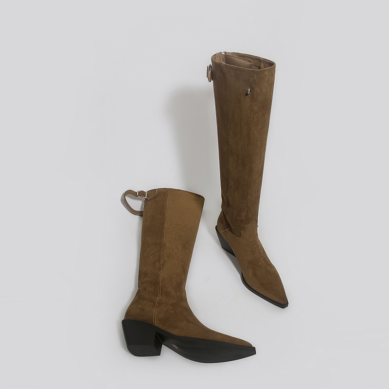 林向晚 美式辣妹~长靴女不过膝骑士靴复古西部牛仔靴松弛感堆堆靴 - 图2