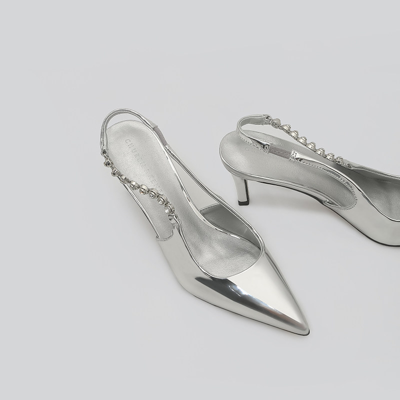 林向晚 酷飒少女~银色高跟鞋设计感小众气质名媛风链条水钻凉鞋女,淘宝优惠券,粉丝福利购,淘宝优惠卷
