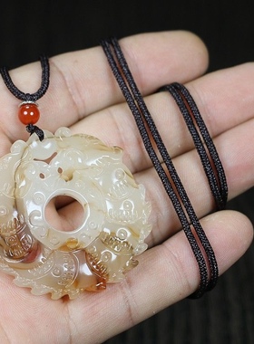 和田玉色双龙和氏璧双面吊坠复古平安扣男女款外蒙料挂件工艺品