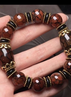 天然西藏玛瑙手链珠串手串玉手把件玛瑙冰花手链玉髓手链红色单圈