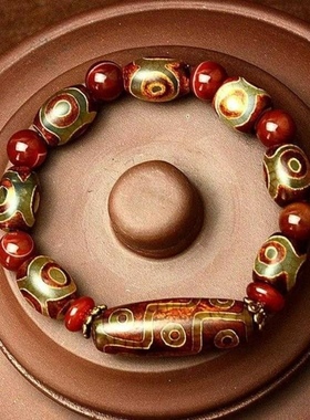 天然西藏老九眼三眼天珠红玛瑙鼓珠橙色天珠藏式民族风手景甜同款