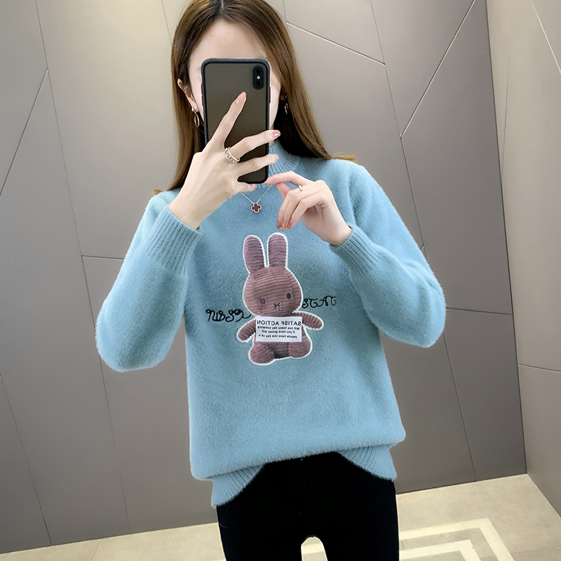 冬季加绒加厚毛衣女2024新款水貂绒秋冬宽松半高领打底衫内搭上衣