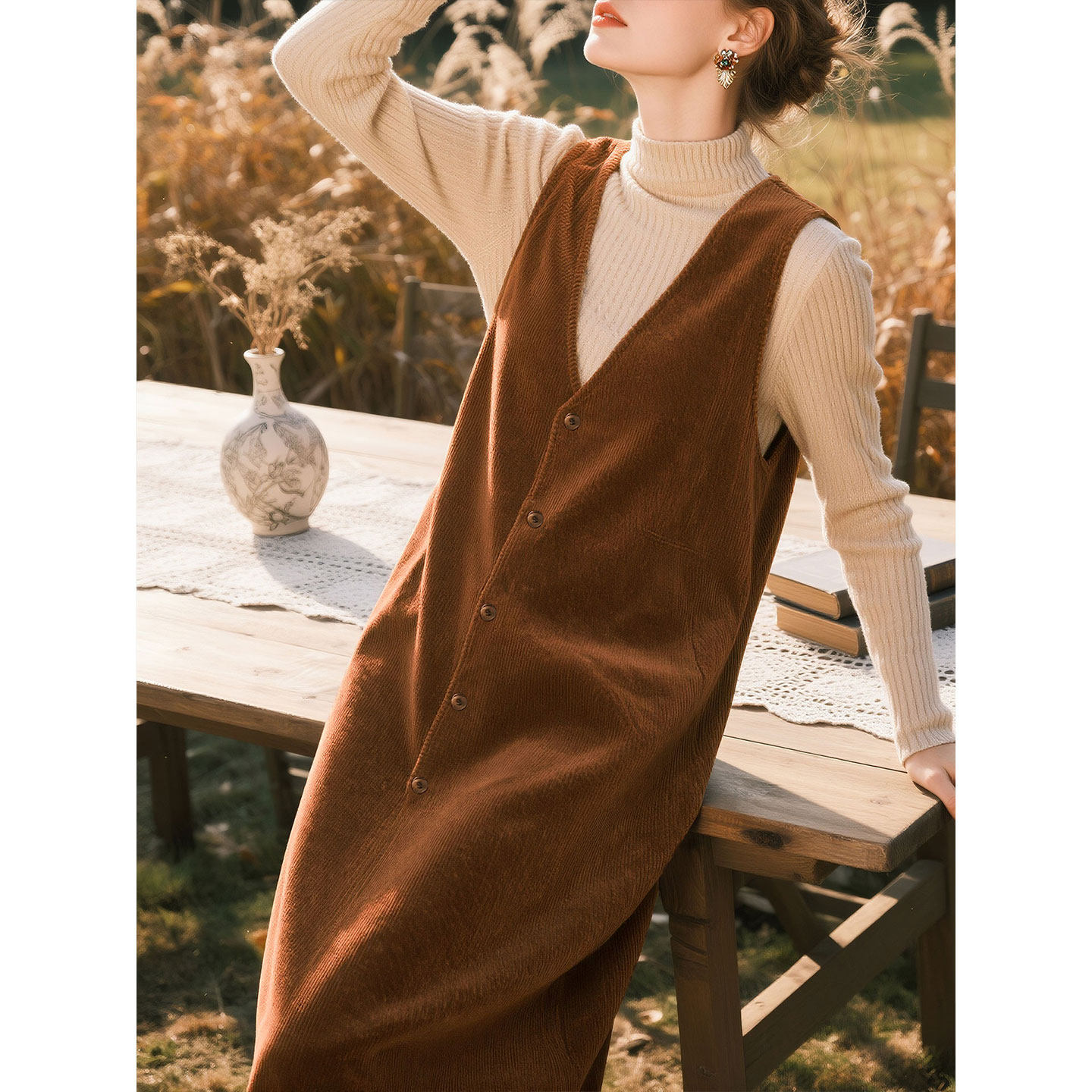 焦糖色灯芯绒背心连衣裙女2025秋冬新款高级感叠穿时尚中长款裙子