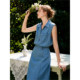 ຊຸດກະໂປງກະໂປງ denim sleeveless ສີຟ້າ lapel