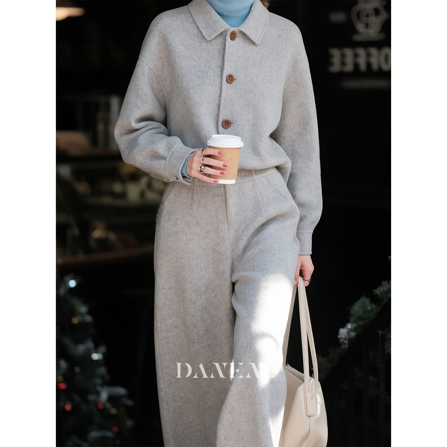 白灰色羊毛毛呢套装女秋冬外套九分裤两件套2026超火冬装一整套,淘宝优惠券,粉丝福利购,淘宝优惠卷