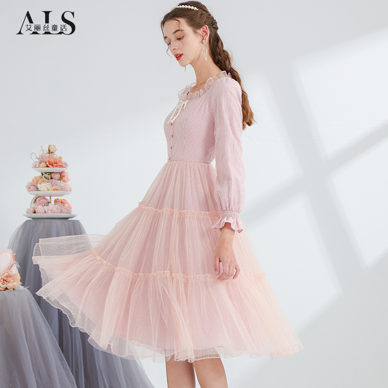 艾丽丝2024年春季新款网纱拼接粉色公主裙蝴蝶结中长款法式连衣裙-图0