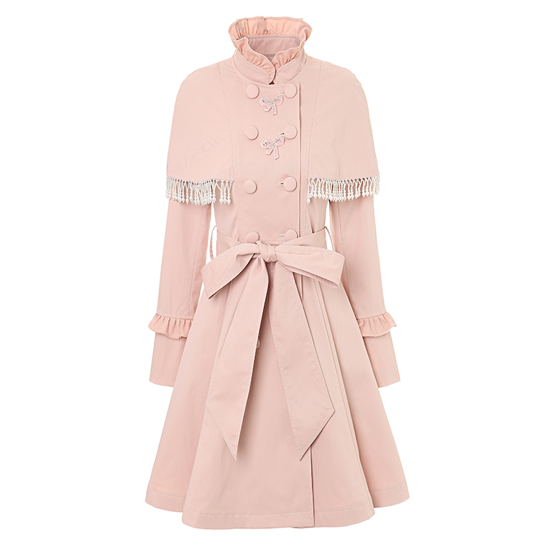 艾丽丝2023冬季洋气立领斗篷短款显瘦风衣外套甜美粉色双排扣大衣
