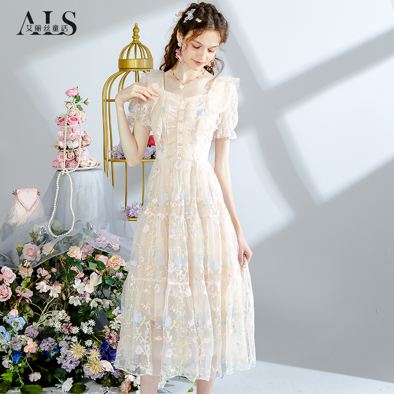 艾丽丝2025夏季新款优雅仙气公主裙杏色短袖刺绣中长款蛋糕连衣裙