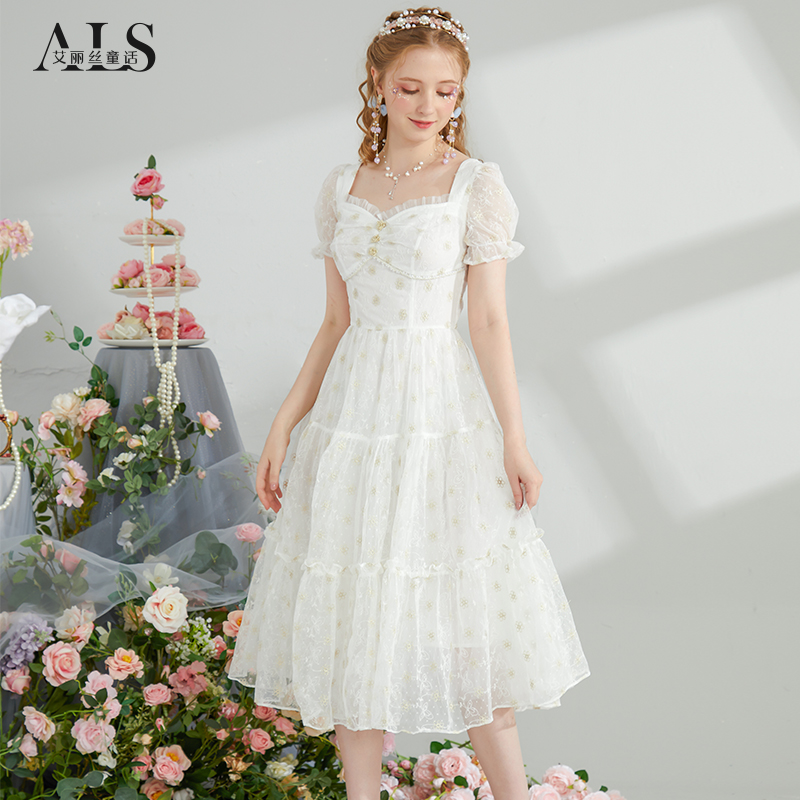 艾丽丝宫廷风白色连衣裙2024年夏季新款蕾丝刺绣甜美中长款公主裙-图0