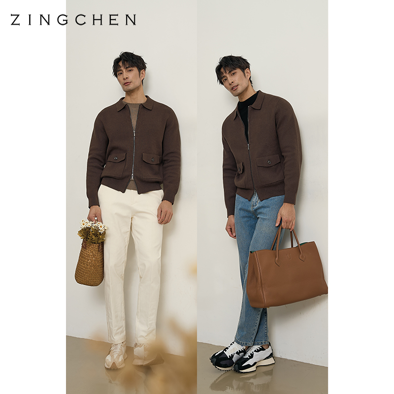 【长绒棉山羊绒】ZINGCHEN男士翻领贴袋针织夹克秋冬毛衣开衫外套