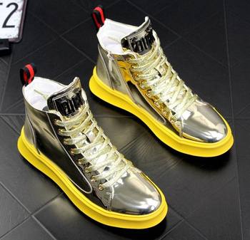 ເກີບຜູ້ຊາຍ Four Seasons Trendy Shoes Patent Leather Bright Leather Shoes Boys High-top Casual Shoes 2024 New Fluorescent Green Gold and Silver White