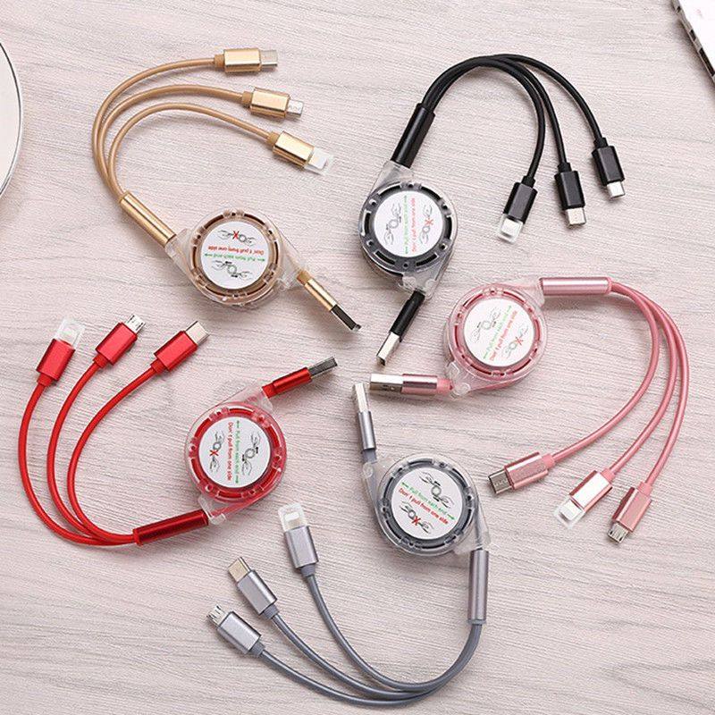 伸缩数据线三合一快充车用三头多充一拖三华为oppo手机充电线通用适用苹果安卓typec接车载汽车闪充定制logo