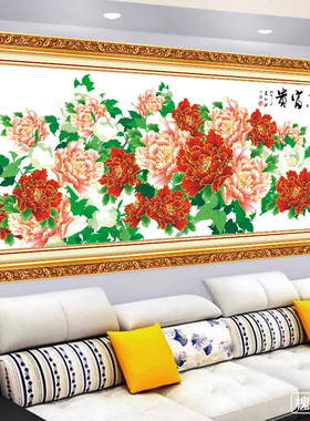 牡丹花开富贵山水客厅装饰画3d感墙贴画自粘印刷国画墙壁画贴纸