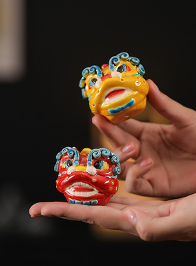 醒狮摆件国潮舞狮文创交趾陶创意陶瓷工艺品客厅酒柜装饰品家居