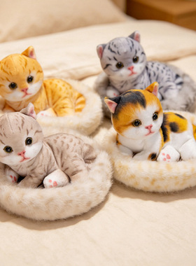可爱虎斑猫橘猫玩偶毛绒玩具仿真小猫窝公仔家居汽车摆件儿童礼物