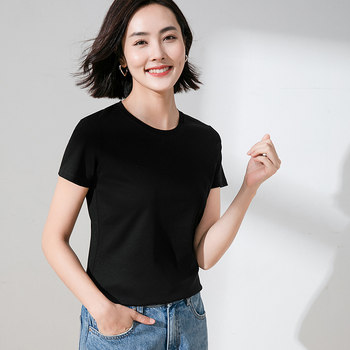 2024 Liquid Ammonia 80 Count Xinjiang mercerized cotton short-sleeved T-shirt glossy women's ice silk summer pure cotton right shoulder bottoming shirt