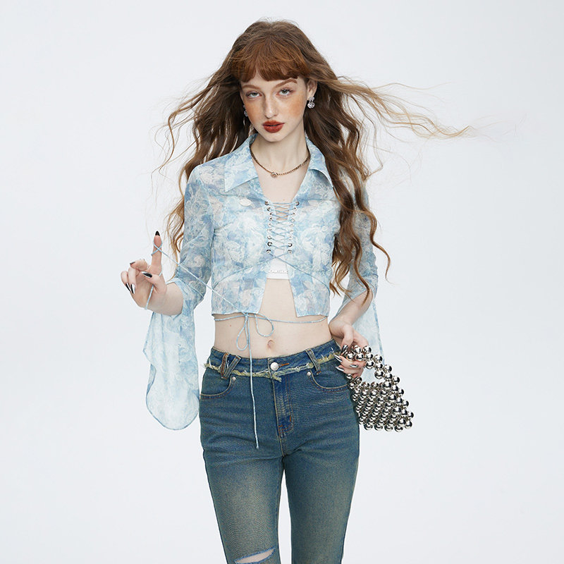 vvok雪纺2023春季新款辣妹性感衬衫 vvok蕾丝衫/雪纺衫