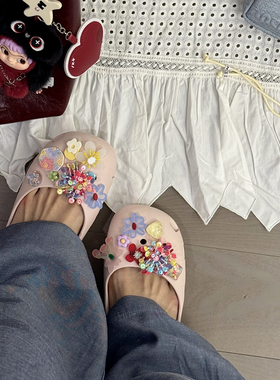 多巴胺粉花朵串珠洞洞鞋扣crocs