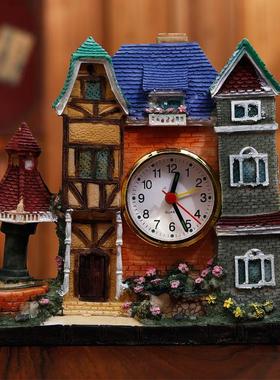 大城堡闹钟 欧式建筑房子闹钟 创意别墅树脂工艺摆件 学生礼品