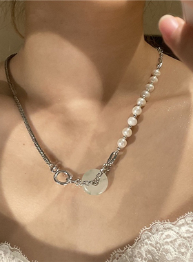 日韩小众设计新款碧玺石珍珠串珠拼接链条项链冷淡风锁骨链女