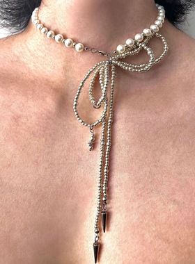 小米粒串珠蝴蝶结珍珠项链绑带少女甜酷辣妹choker时髦锁骨链颈链