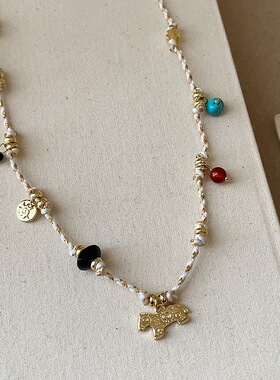 豆豆同款 彩色编绳小马项链多宝石小众设计感高级简约叠戴女