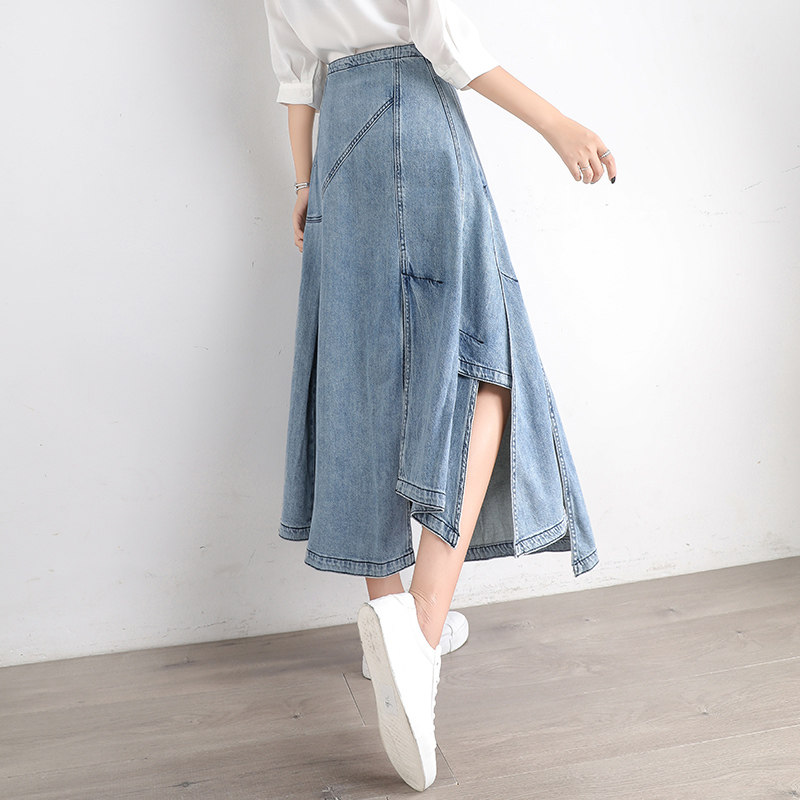 高腰2020年秋季新款中长牛仔半身裙 扇影半身裙