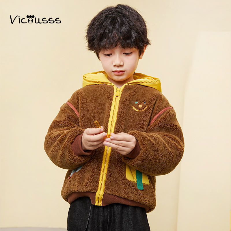 viciusss童装男童摇粒绒外套新款秋冬装连帽加厚保暖仿羊羔毛棉衣 - 图0