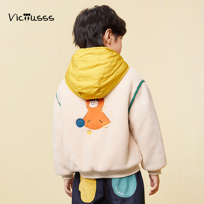 viciusss童装男童摇粒绒外套新款秋冬装连帽加厚保暖仿羊羔毛棉衣 - 图1