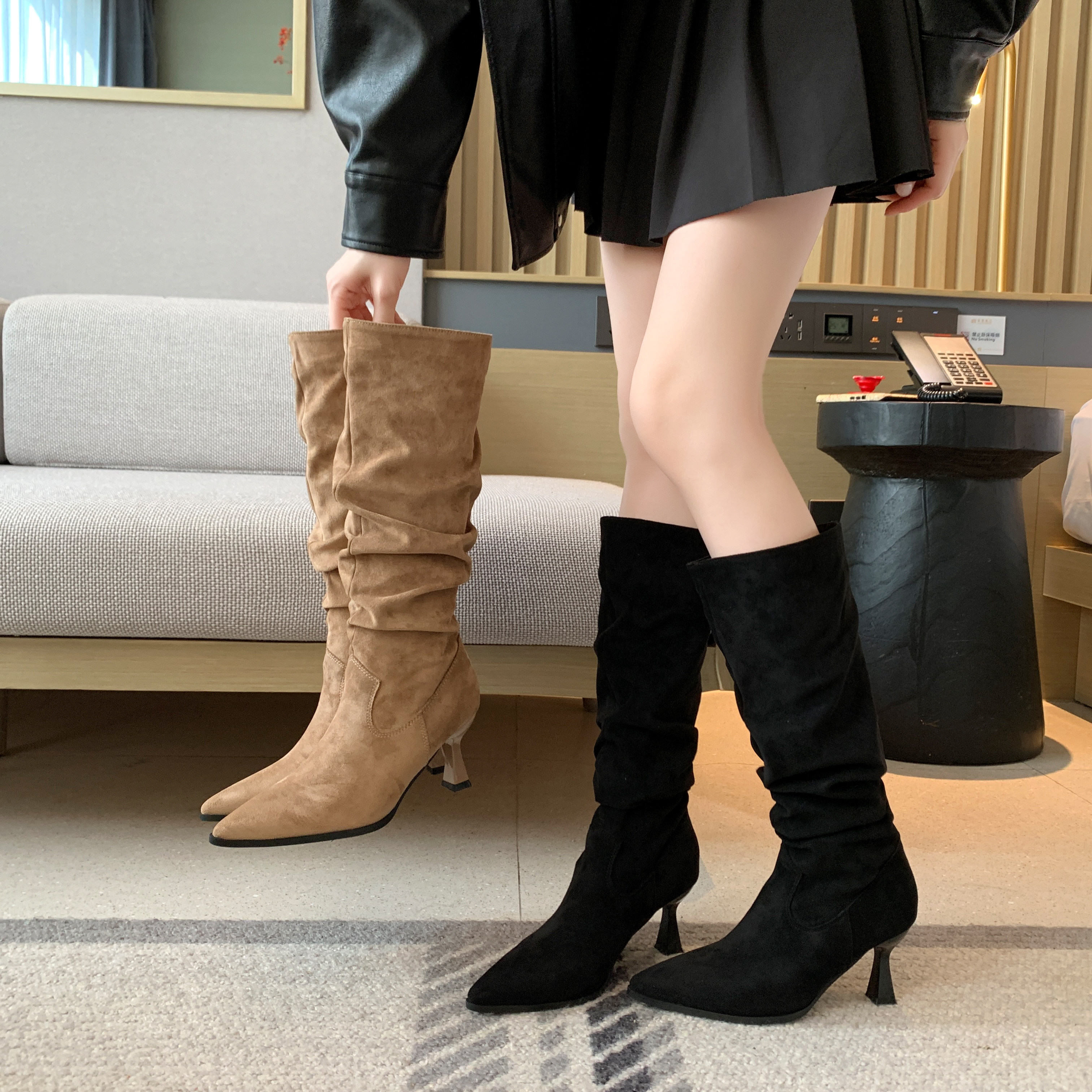 胖mm粗腿大筒围长筒靴高跟尖头堆堆靴美拉德骑士靴大码女靴41到43,淘宝优惠券,粉丝福利购,淘宝优惠卷