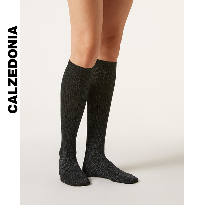 CALZEDONIA卡泽意袜女士时尚舒适闪片罗纹棉质及膝小腿JK袜DL0387,淘宝优惠券,粉丝福利购,淘宝优惠卷
