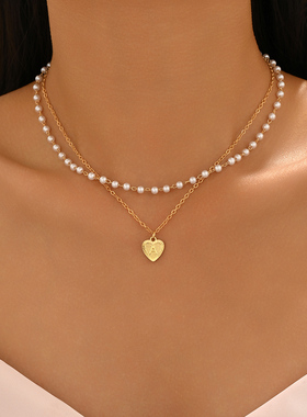 轻奢珍珠双层爱心吊坠锁骨链